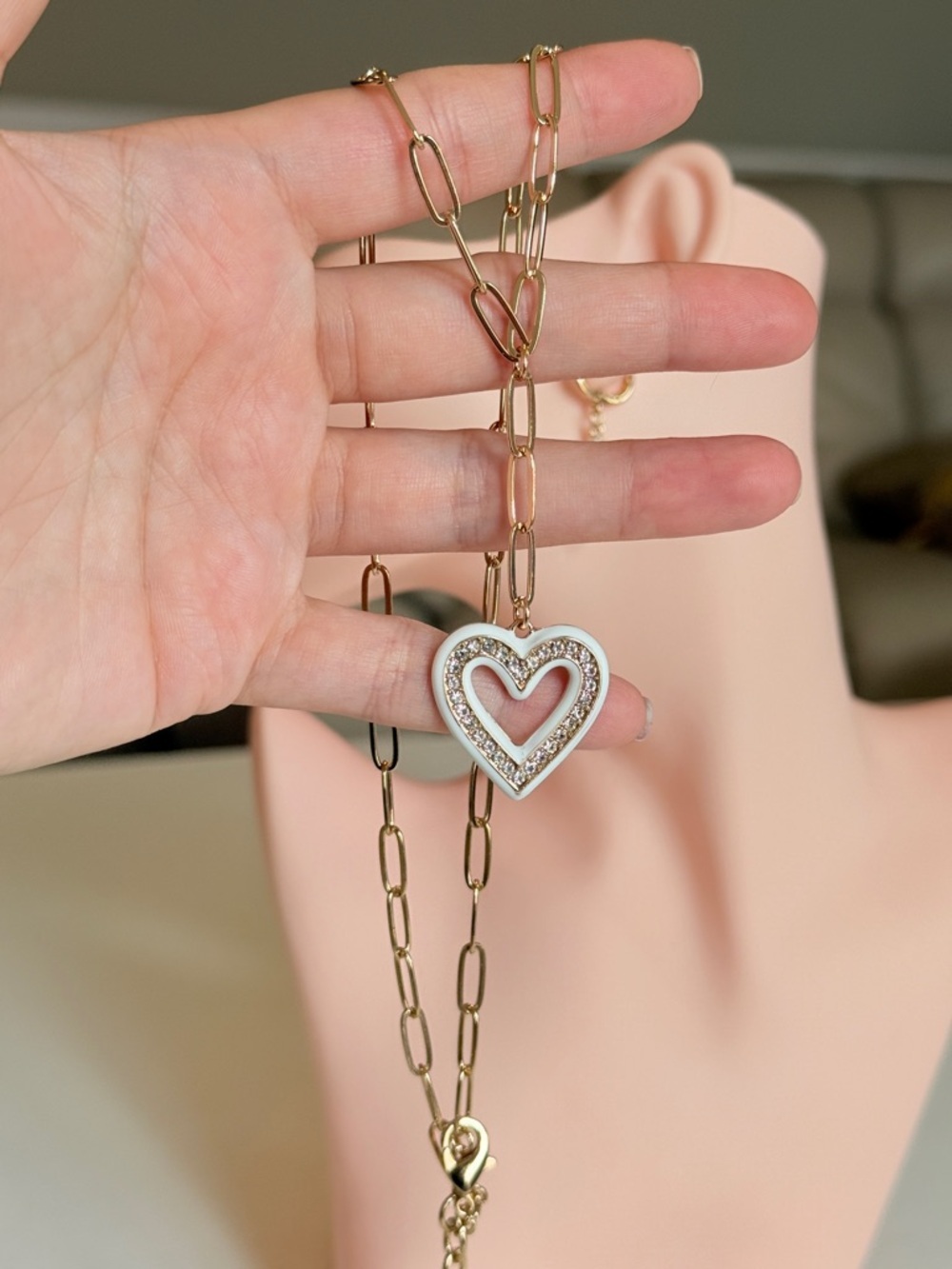Gold-Tone Chain Necklace with White Heart Pendant - Picture 6 of 9